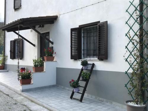 a house with potted plants and a window at La casa dei ricordi in Acqualagna