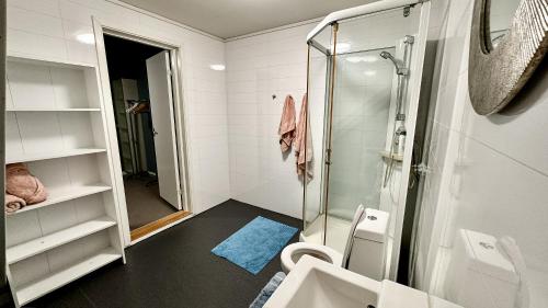 een badkamer met een douche, een wastafel en een toilet bij Puntsnes Apartmen in Hjelmeland