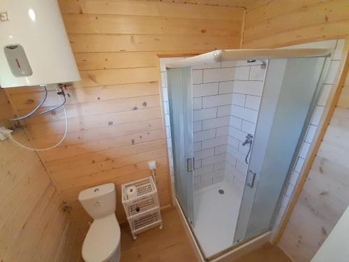 a small bathroom with a toilet and a shower at Domki Valhalla Polna 8a Chłopy Sarbinowo in Chłopy