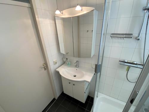 ein Bad mit einem Waschbecken, einer Dusche und einem Spiegel in der Unterkunft Seaside, Deurloo 53-07 in Cadzand