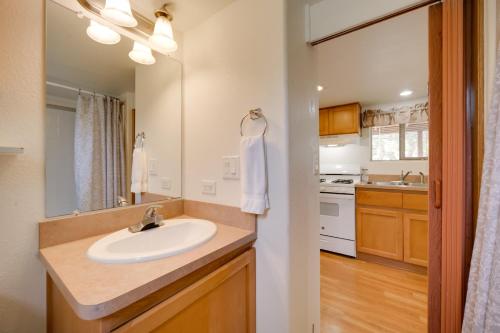 a bathroom with a sink and a counter with a mirror at Cozy Fredericksburg Cabin with Shared Hot Tub! in Fredericksburg