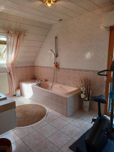 uma grande casa de banho com banheira e chuveiro em Kerniguez 3 em Carhaix-Plouguer