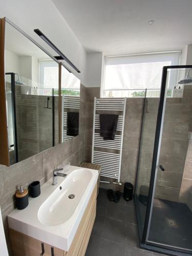 a bathroom with a white sink and a shower at SeaStay in Noordwijk