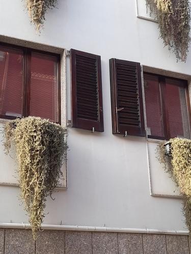 un edificio con tres ventanas y vides. en Casa Sant' Antioco, en SantʼAntìoco