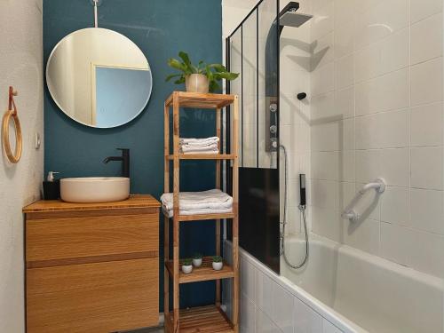 uma casa de banho com um chuveiro, um lavatório e um espelho. em La Voulzie Appartement - Proche centre avec parking privé em Provins