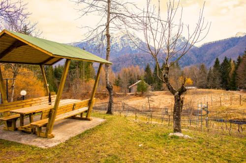 a wooden bench with a green roof in a field at Chalet Relax Tra Le Vigne in Forni di Sotto