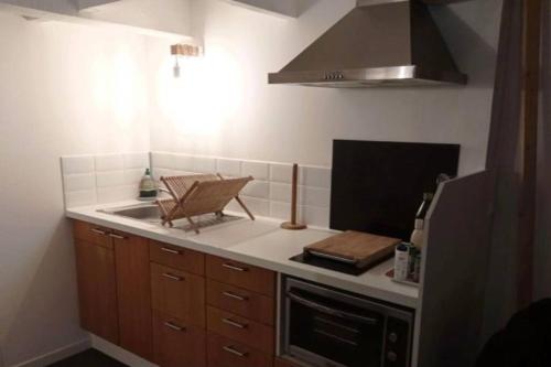 une cuisine avec un évier et une cuisinière four supérieur dans l'établissement Joli duplex en centre ville de 40m2 climatisé, à Istres