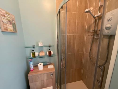 a bathroom with a shower with a glass shower stall at Merritt Guest House B&B in Paignton