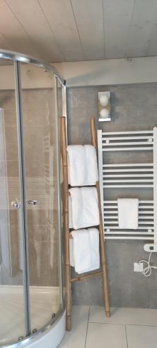 La salle de bains est pourvue d'une douche et d'un sèche-serviettes. dans l'établissement La Petite Maison, à Givry