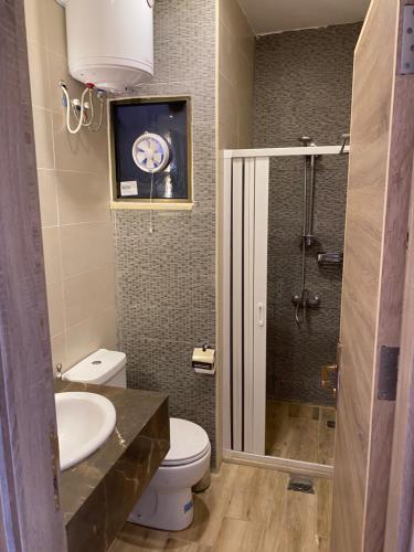 a bathroom with a toilet and a sink and a shower at Castle beach hotel in Aqaba
