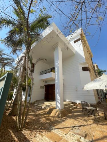 a white house with palm trees in front of it at Livingville Nine in Cairo