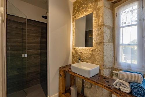 ein Bad mit einem Waschbecken und einem Spiegel in der Unterkunft Domaine de Laplan in Cézan