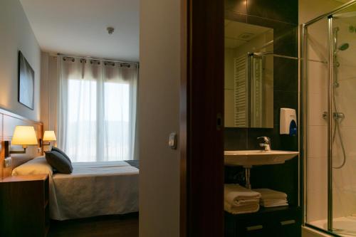 y baño con cama, ducha y lavabo. en Aparthotel Cal Marçal, en Puig-reig