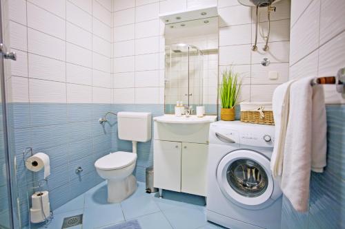 a bathroom with a toilet and a washing machine at Actor Apartment in Čilipi
