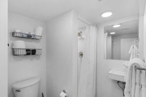 a bathroom with a toilet and a sink and a mirror at Columbia City Urban Studio in Seattle