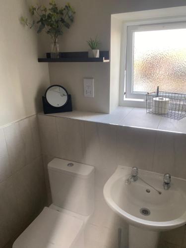 a bathroom with a toilet and a sink and a window at Chapel Court Apartments in Cannock