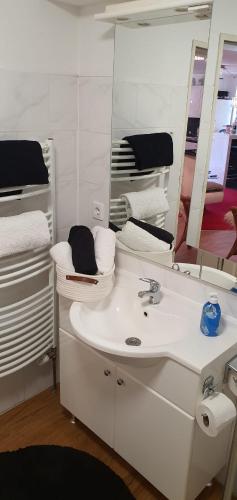 a bathroom with a sink and a mirror at Am alten Deich in Sande
