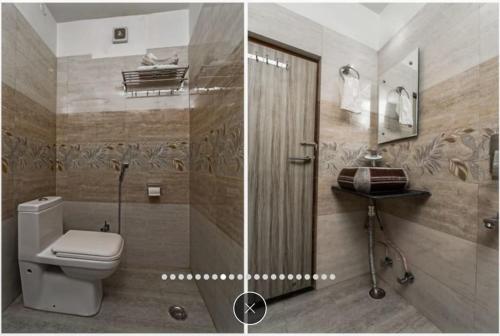 two pictures of a bathroom with a toilet and a shower at HOT - House Of Travellers Taj view in Agra