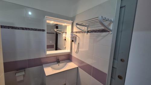 een badkamer met een wastafel en een spiegel bij La Promenade des Colibris in Saint-François