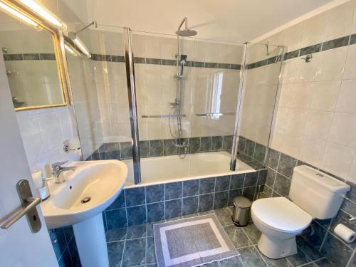 un bagno con lavandino, WC e doccia di Valeria's Apartment ad Argostoli