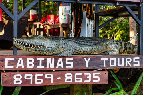 a crocodile on top of a sign with a crocodile head at Oso de Osa in Sierpe