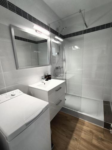 a white bathroom with a sink and a shower at Appartement sans vis à vis à 2 min de la rocade in Rennes