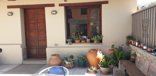 a porch with a bunch of potted plants next to a door at La Casa de los Molles in Tilcara
