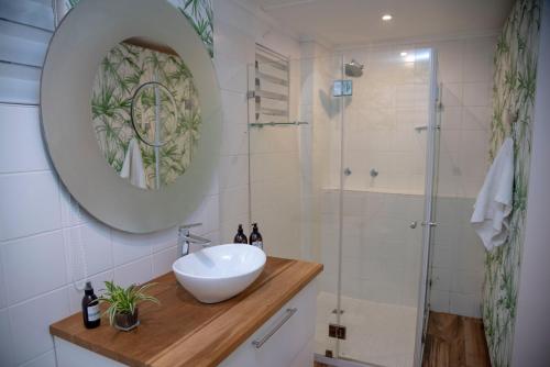 a bathroom with a sink and a shower at La Lupa Nera in Knysna
