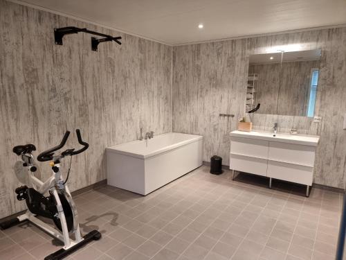Kaldfjord Sea House في ترومسو: حمام مع آلة ركض وحوض استحمام ودراجة للتمرين