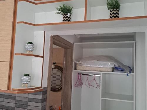 a room with a door and shelves with potted plants at stegio in Parasporos