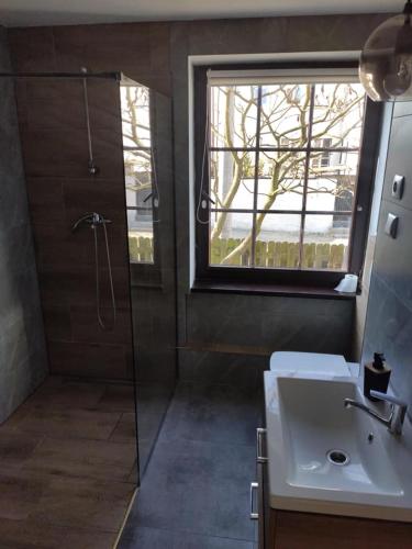 a bathroom with a shower and a sink and a window at Holiday House Dąbrówno in Dąbrówno
