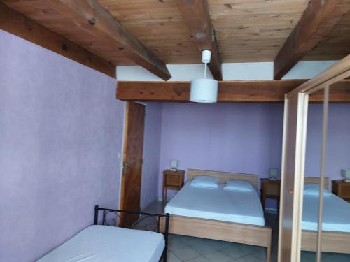 a bedroom with two beds and a wooden ceiling at maison individuelle au calme sur l'Aubrac in Recoules-dʼAubrac