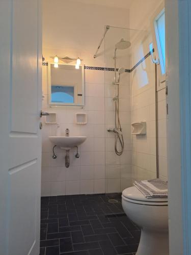a bathroom with a toilet and a sink at Agrilia Apartments & Studios in Vathi