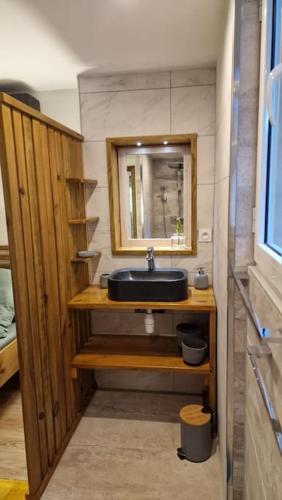 a bathroom with a sink and a mirror at Appartement les petits Baobabs 2 in Mamoudzou