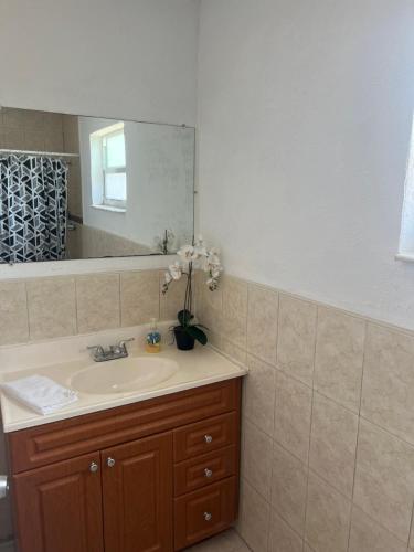a bathroom with a sink and a mirror at Miami haven by airport in Miami