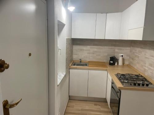 a small kitchen with white cabinets and a sink at Cà di Giaco lodge in Moneglia