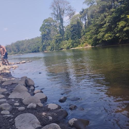 a man standing on the shore of a river at Casa Sol in Sarapiquí