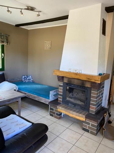 a living room with a bed and a fireplace at Agroturystyka Oaza Ciszy i Spokoju in Międzychód