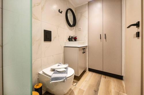 uma casa de banho com um WC, um lavatório e um espelho. em Ontas apartment in Kissamos em Kissamos