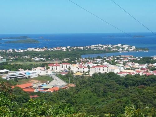 a view of a city with the ocean and buildings at Villa verte in Le Robert