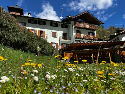 a field of flowers in front of a building at Hotel Miravalle in Imer