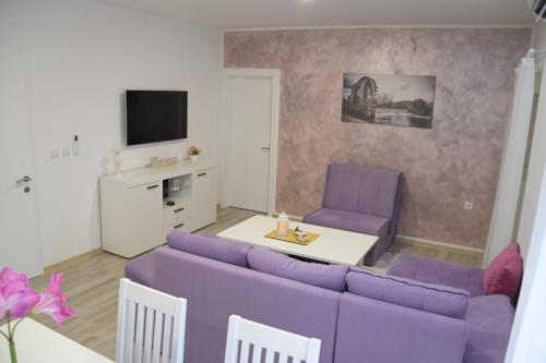 トレビニェにあるApartmani DAR Trebinjeの紫色のソファとテーブル付きのリビングルーム