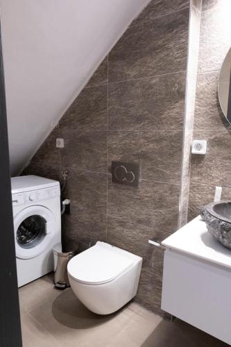 a bathroom with a toilet and a washing machine at VENUS LUXURY APARTMENT in Ermoupoli