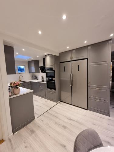 a large kitchen with stainless steel appliances and gray cabinets at Villa Astera in Västerås
