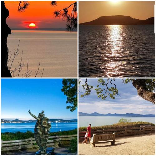 a group of four pictures of the sunset and a statue at Borostyán nyaralóház in Fonyód
