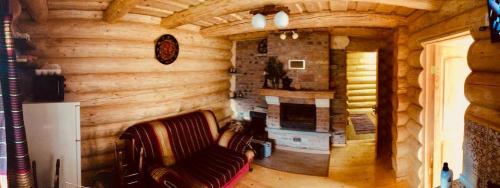 ein Wohnzimmer mit einem Kamin in einer Blockhütte in der Unterkunft Коло Хорса in Slawske