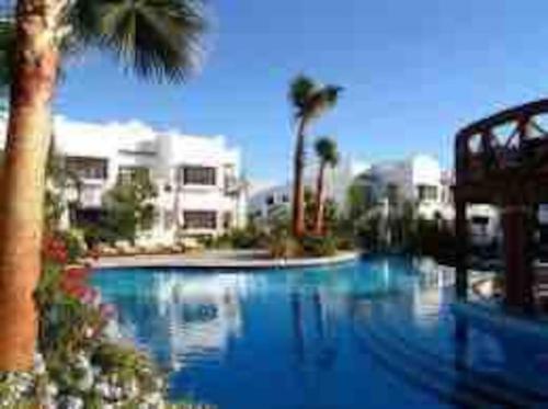 een groot zwembad met palmbomen en huizen bij Delta Sharm Symphony in Sharm El Sheikh
