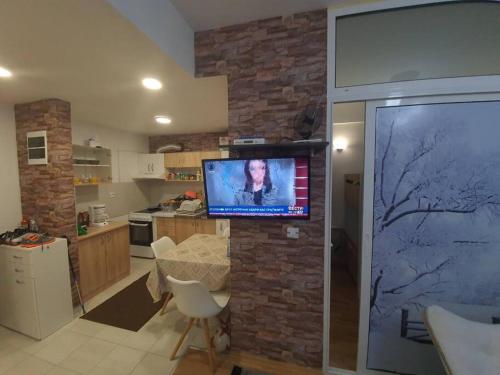 a kitchen with a television on a brick wall at Cosy apartment in Mavrovo in Mavrovo