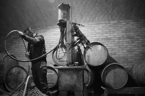 a man holding a hose in front of a machine at Oasi di Mastarone - Il vino e le Rose in Momperone