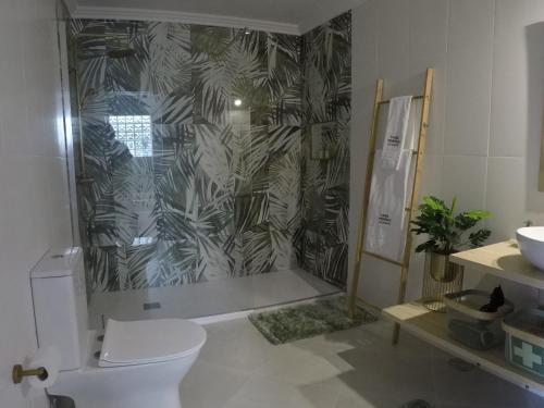 uma casa de banho com um chuveiro, um WC e um lavatório. em Casa vereda Two, Ponta Delgada, S Miguel em Ponta Delgada